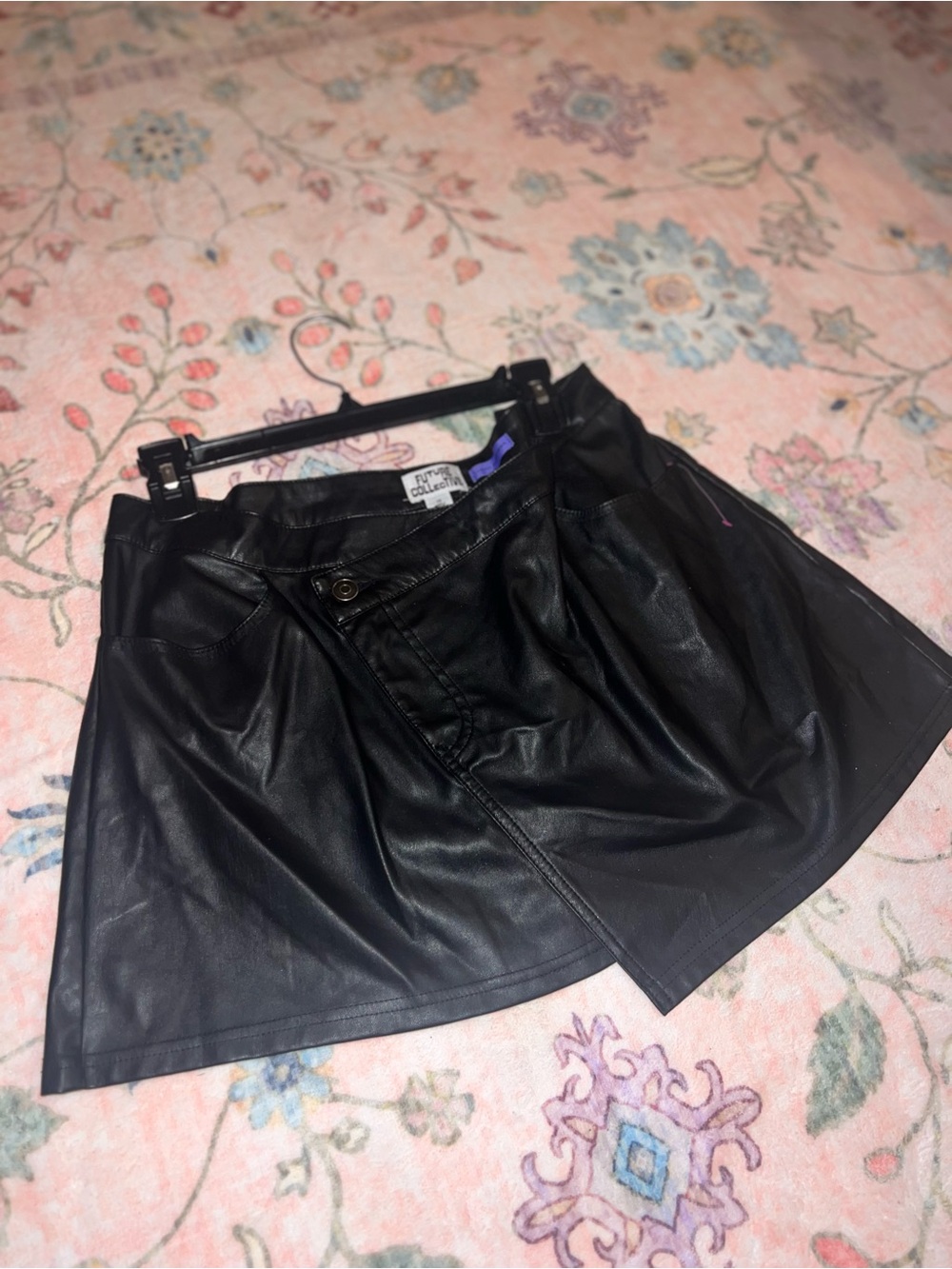 Black Faux Leather Mini Skort with Wrap Button Detail